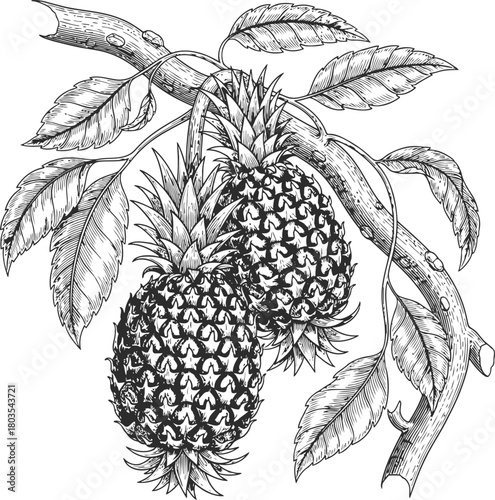Botanical illustration of a spiky flowering plant branch in vintage engraving style image