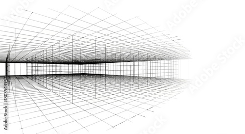 Abstract perspective grid background wireframe illustration with vanishing point architectural blueprint design element