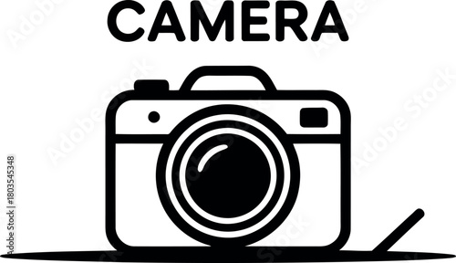 Black and white graphic of a vintage camera with the word C A M E R A above retro camera