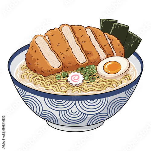 Tonkotsu ramen with fried tonkotsu pork, boiled egg, seaweed and naruto maki.