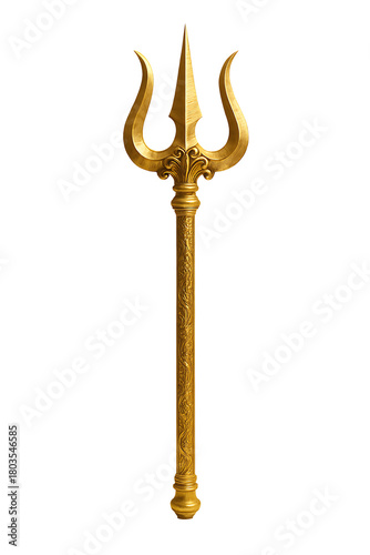 The highly detailed golden trident shiva weapon hindu god symbol with intricate carvings covering the entire handle isolated on transparent background