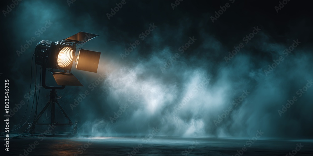 Obraz premium Studio spotlight illuminates a stage filled with smoky atmosphere, concept for theatrical productions, film sets and photography backdrop