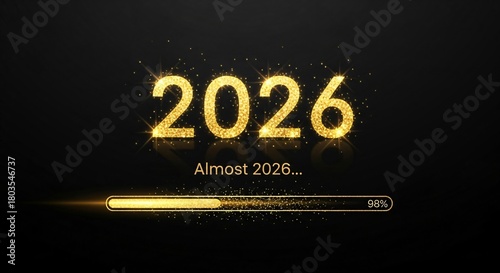 The year 2026 is almost here, represented by glowing golden text and a progress bar, signifying anticipation and the approaching new year