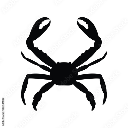 Black silhouette of a crab with open claws, marine symbol.