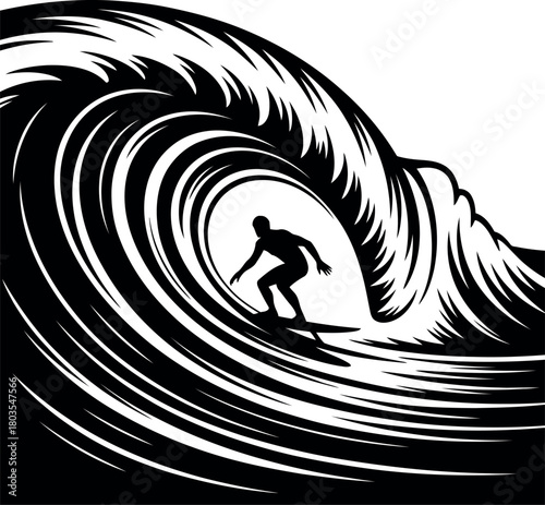 Surfer silhouette riding a black and white crashing wave surfing ocean