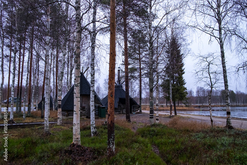 Swamp with small pine trees covered in early winter morning frost reflecting in pond. national park at sunrise with fog rising, scandinavia