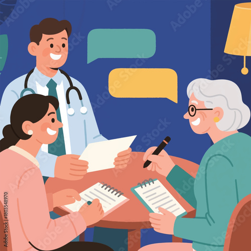 A Grandmother Consults a Doctor Illustrator Artwork Banner Background Design Template 