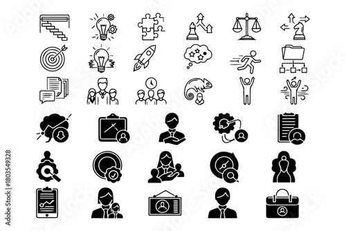 Minimalist soft skills line icon set with editable stroke, featuring project management, problem solving, decision making, strategy, creative, innitiative, organization, adaptability.