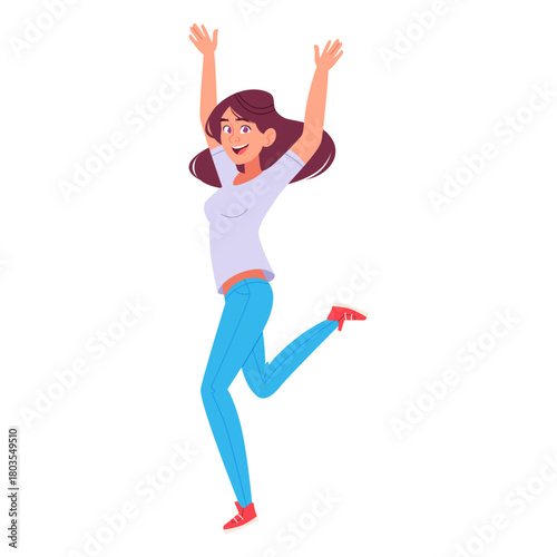 Happy Young Woman Jumping with Joy and Raised Arms