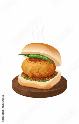 Indian Vada Pav with Green Chili Illustration
