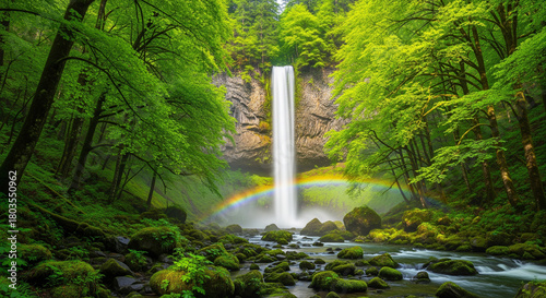 A lush green forest with a tall waterfall cascading down the rocks, a soft rainbow forming in the mist around the falls, vibrant healthy trees glowing in the morning light, and moss-covered stones sca