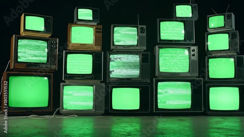 A stacked collection of vintage television sets displaying a vibrant green screen, evoking a retro tech aesthetic