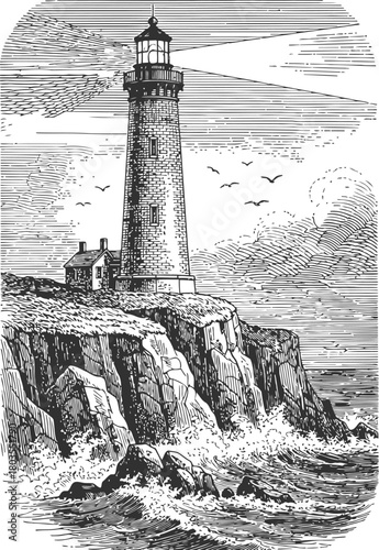 Lighthouse shining a bright beam of light over the ocean from a cliff at night