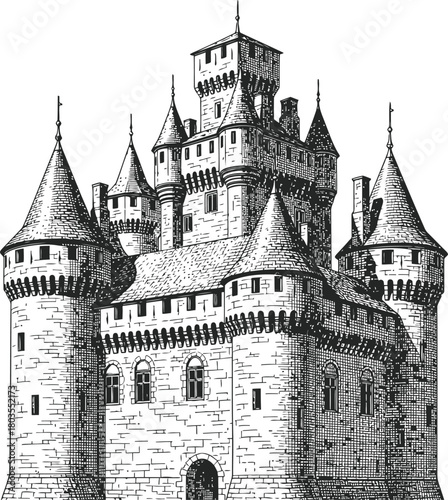 Medieval castle silhouette featuring multiple towers and ancient stone architecture