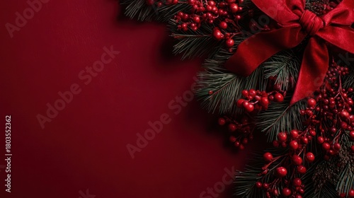 Festive christmas garland with vibrant red berries and a luxurious bow against a deep red background
