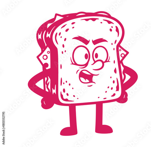 Cartoon illustration of an angry sandwich character with arms and legs on a white background