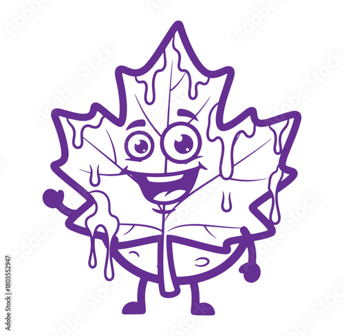 Cartoon maple leaf mascot illustration drizzled in purple and smiling cheerfully for fun