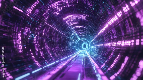 Fototapeta Naklejka Na Ścianę i Meble -  Navigating futuristic digital data tunnel with glowing lights