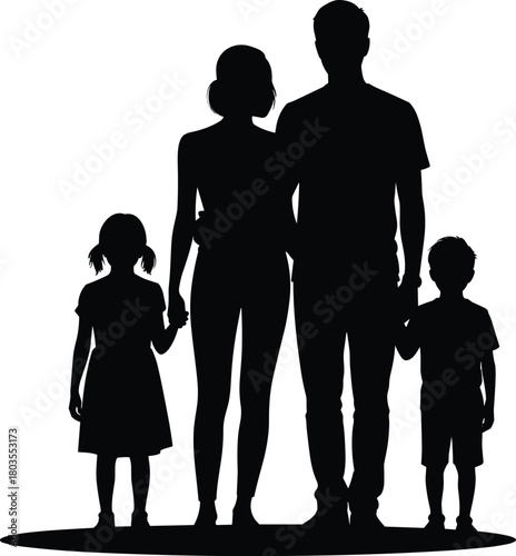 Silhouette family standing together parents with two children holding hands unity support love togetherness lifestyle bonding relationship abstract illustration happy family concept design