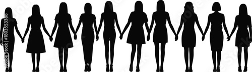 Silhouette group of diverse women standing together holding hands in unity teamwork community support solidarity cooperation friendship gender equality empowerment illustration design abstract concept