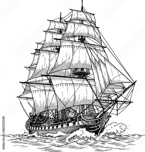 Mysterious old sailing ship silhouette on rough ocean waves, a historical vessel