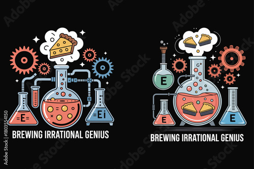 Cartoon science lab with pie and gears brewing irrational genius Keywords: science, lab