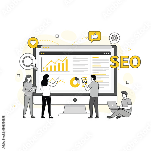 Team Analyzing Data and SEO Performance on a Large Computer Screen