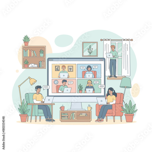 People working from home having a video conference call on a large screen