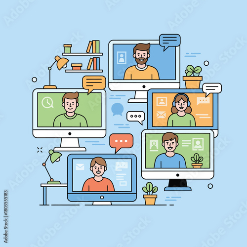 Group Video Call Illustration with People on Computer Screens and Speech Bubbles