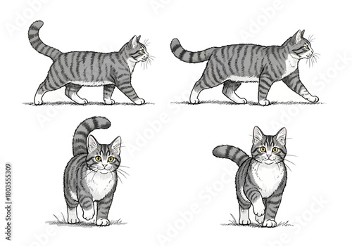 Four illustrations of a gray tabby cat in different walking poses