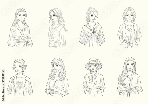 Eight black and white line drawings of women in various outfits