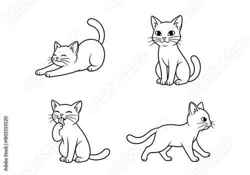 Four distinct black and white line drawings of cats in various poses