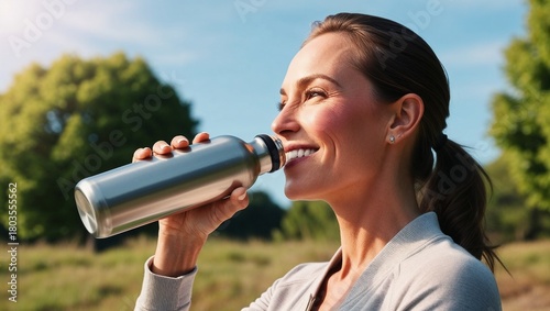 Joyful Woman Hydrating with Stainless Steel Water Bottle Outdoors on Sunny Day