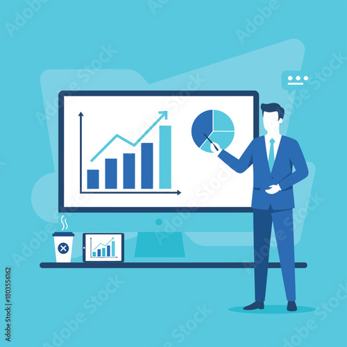 Business Presentation with Charts Graphs and a Presenter in a Blue Suit