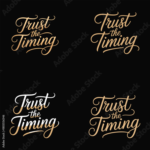 Trust The Timing Motivational Script Text In Gold And White inspirational quote