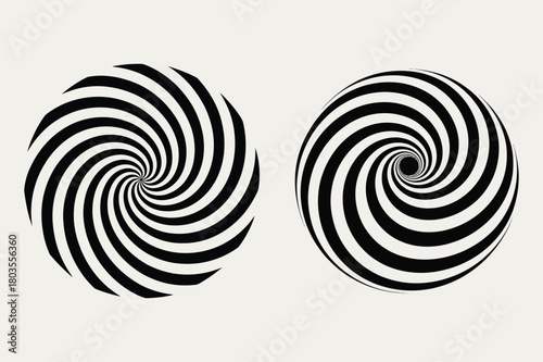 Two black and white spiral optical illusion graphics vortex hypnotic
