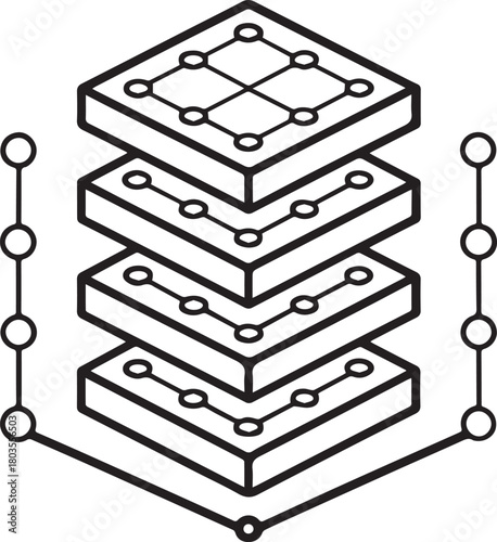 Isometric view of stacked squares with circle nodes and connecting lines in a black and white design