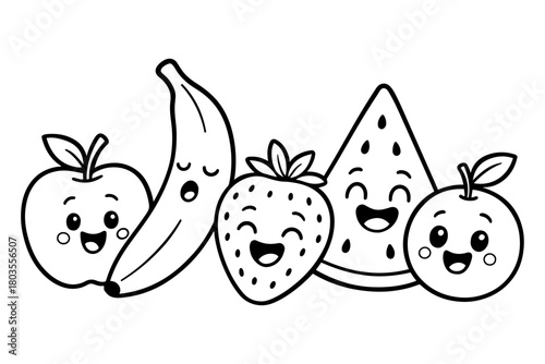 Cute Cartoon Fruits with Happy Faces, Black and White Outline for Coloring