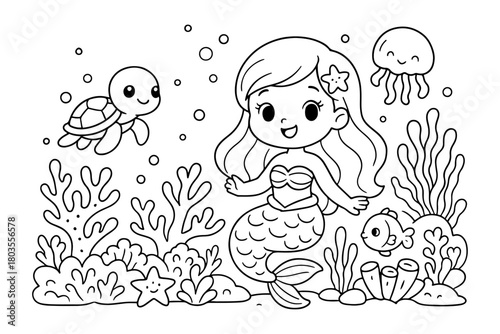 Cute Mermaid Swimming with Turtle, Jellyfish, Fish, and Starfish Underwater Scene