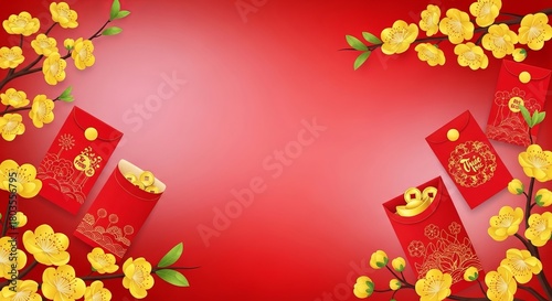 Tet Nguyen Dan background, red envelopes and apricot blossoms