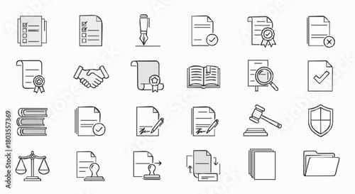 Professional legal, business & document outline icon set with editable stroke. Minimalist thin-line vector illustrations covering contracts, signatures, gavel, scales, folders, books, and compliance s