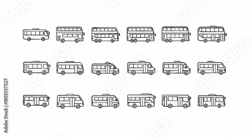 Minimalist bus and public transport outline icon set with editable stroke. Thin-line vector illustrations featuring city buses, school buses, coaches, and shuttles in multiple angles. Perfect for tran