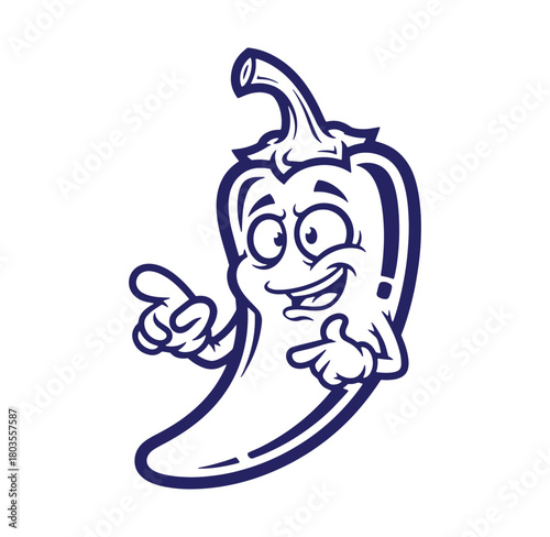 Cheerful cartoon chili pepper mascot with pointing gesture in a simple outline vector style