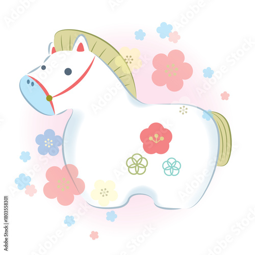 2026年令和八年午年年賀状・新春初売り素材 和風な置物の白馬と梅の花 背景ほんのりピンク