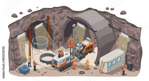 Flat vector An isometric illustration of an underground tunnel excavation site, showing engineers operating drilling machines inside a large circular tunnel