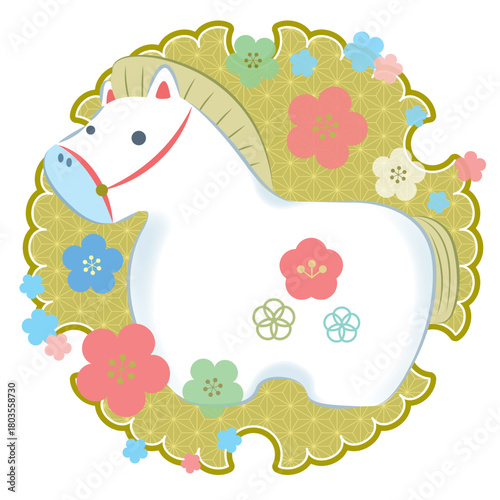 2026年令和八年午年年賀状・新春初売り素材 和風な置物の白馬と梅の花 雪輪