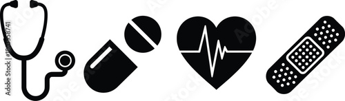 Health silhouettes with stethoscope, pills, heart, and bandage