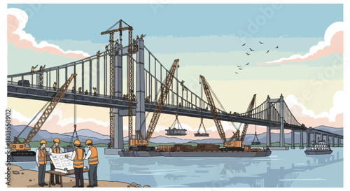 Flat vector A scenic construction illustration featuring workers assembling a large suspension bridge over a wide river