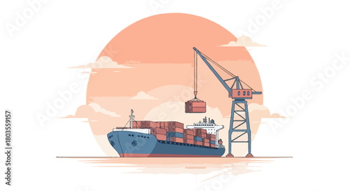 Flat vector minimalist cargo ship scene with a pastel peach circular sunset sky