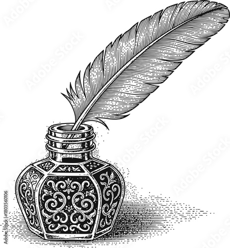 Vintage inkwell with a quill pen standing upright ready for traditional writing